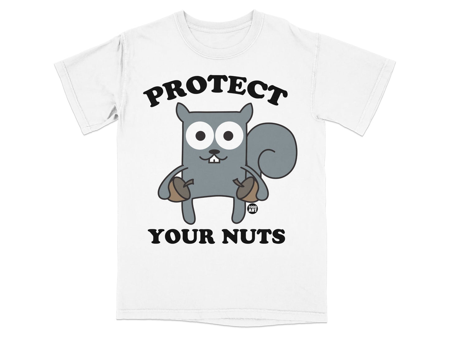 T-shirt with cartoon squirrel holding acorns, "PROTECT YOUR NUTS" text.