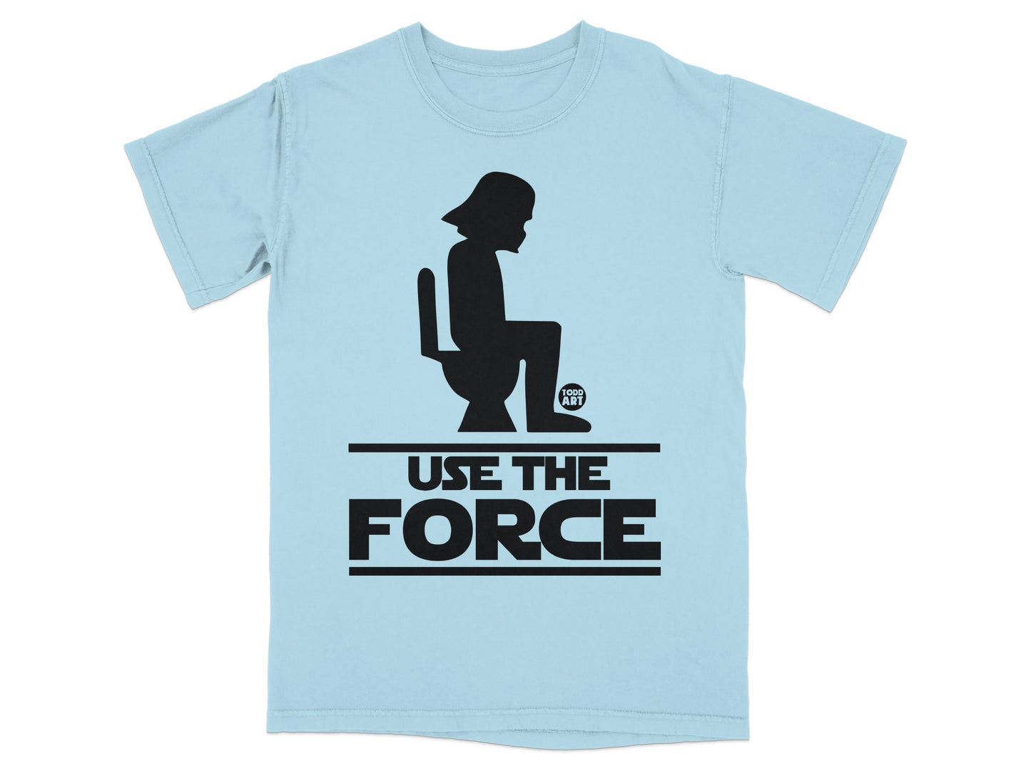 Light blue t-shirt with Darth Vader silhouette on toilet and "Use the Force" text.