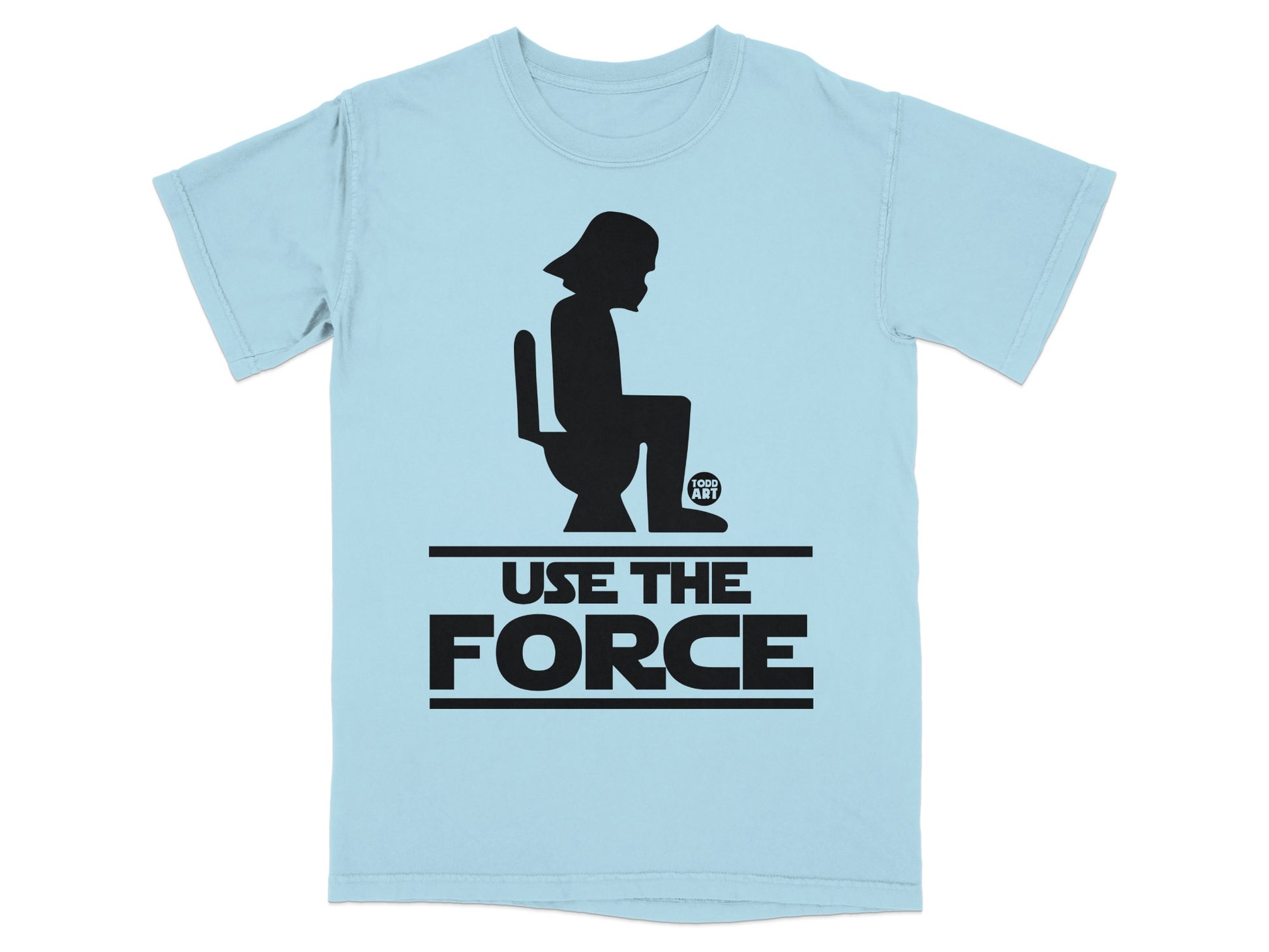 Light blue t-shirt with Darth Vader silhouette on toilet and "Use the Force" text.