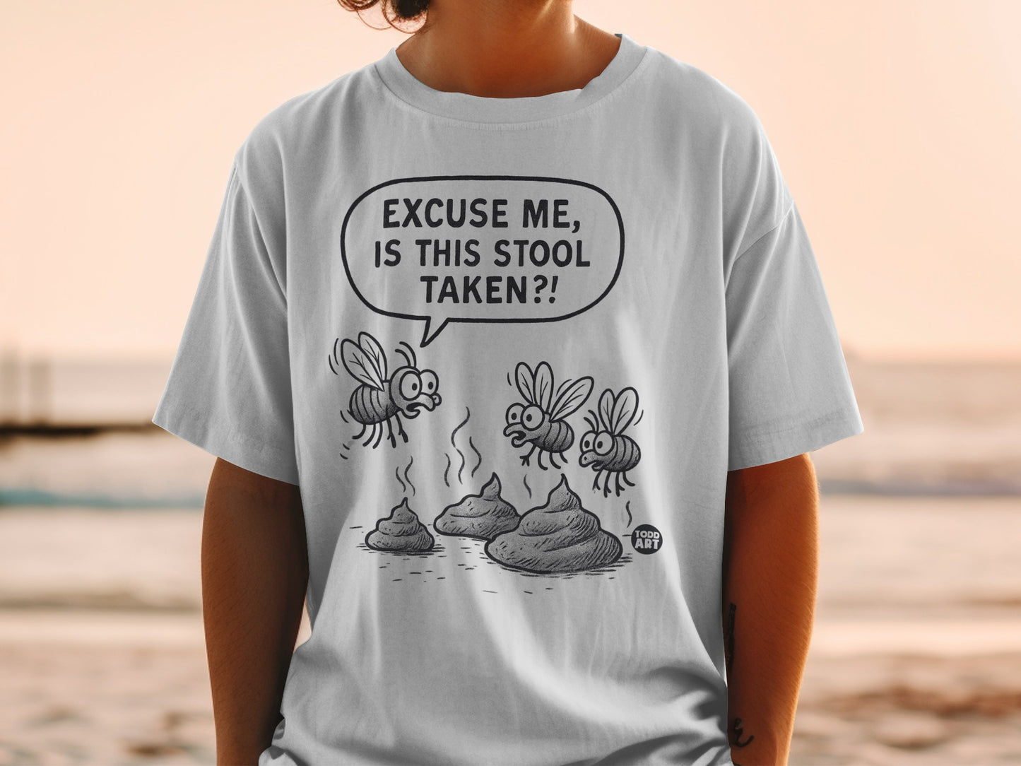 White t-shirt with cartoon flies asking "Excuse me, is this stool taken?".