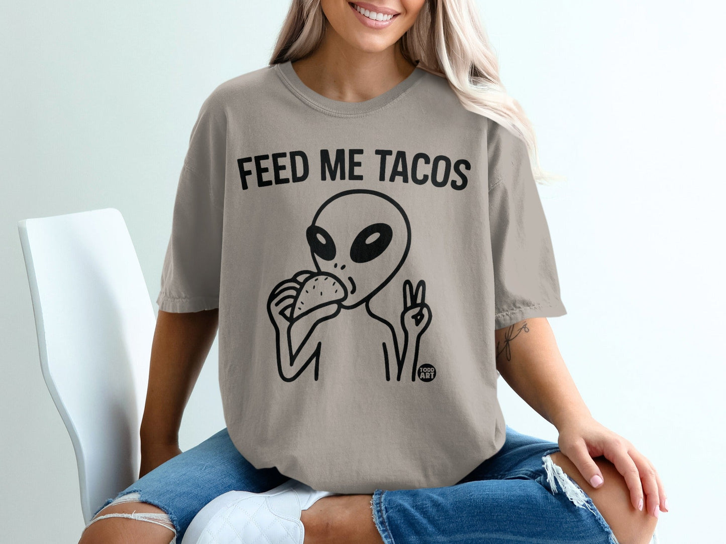 Feed Me Tacos Alien Peace Sign Graphic Tee Shirt