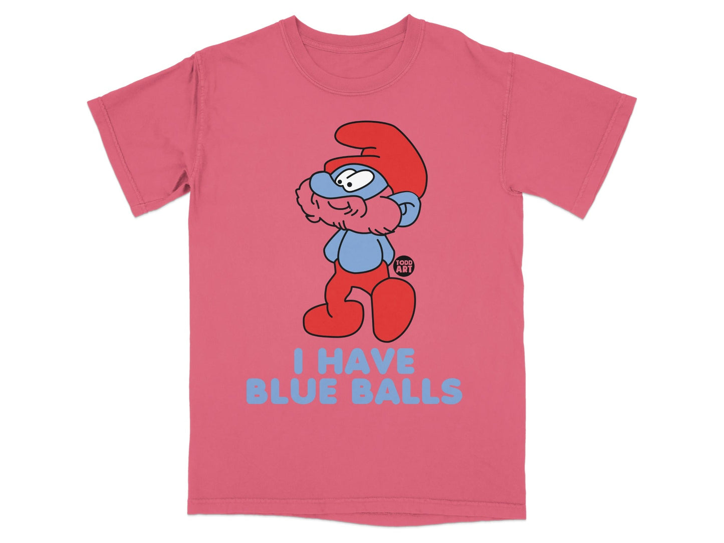 Smurf character with red hat and blue text on a pink t-shirt.