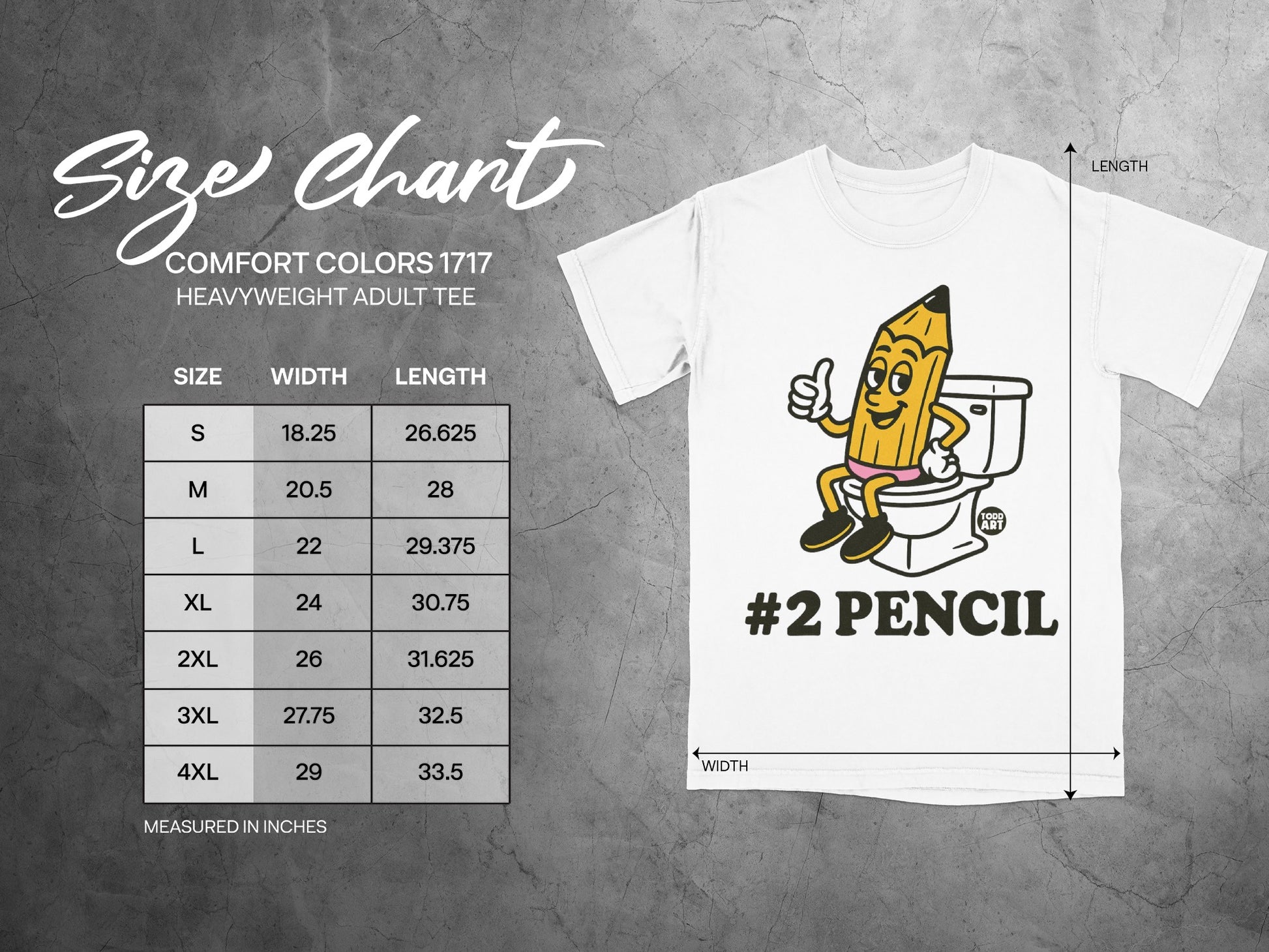 Comfort Colors 1717 size chart for heavyweight adult tee with #2 Pencil graphic.
