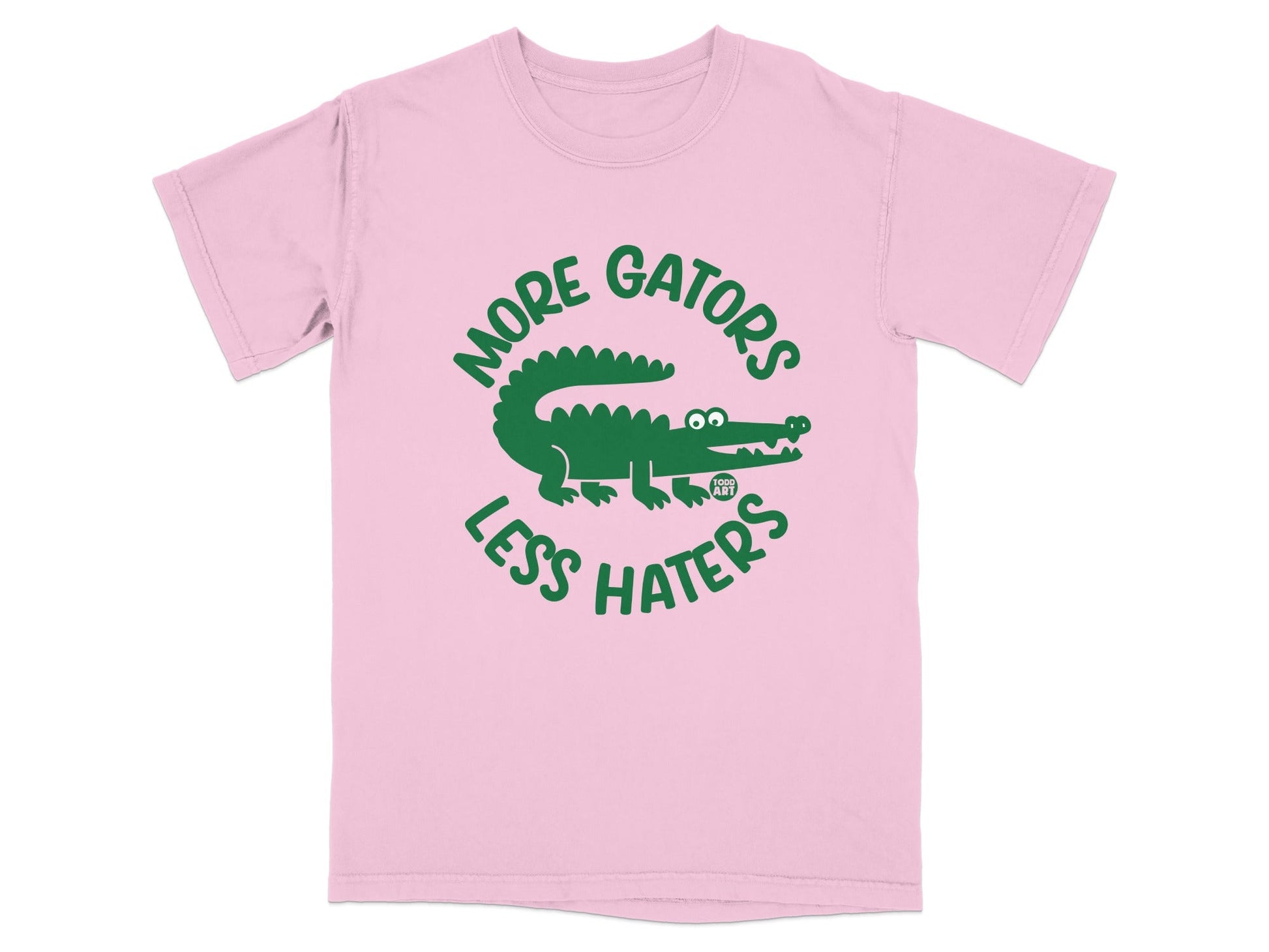 Pink t-shirt with a green alligator graphic and text "MORE GATORS LESS HATERS".