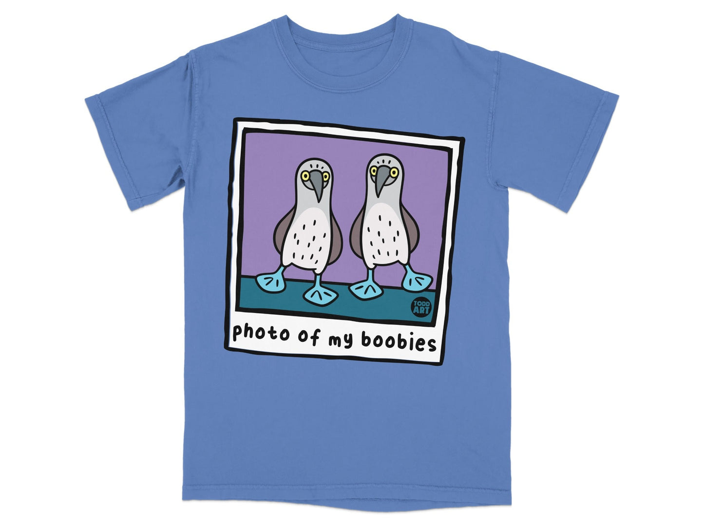 Blue t-shirt with cartoon boobies and "photo of my boobies" text.