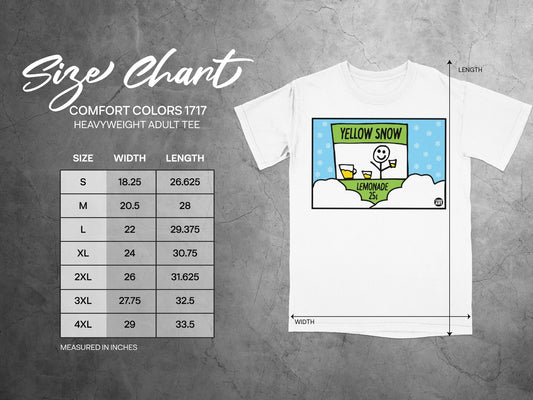 Size chart for Comfort Colors 1717 heavyweight adult tee.