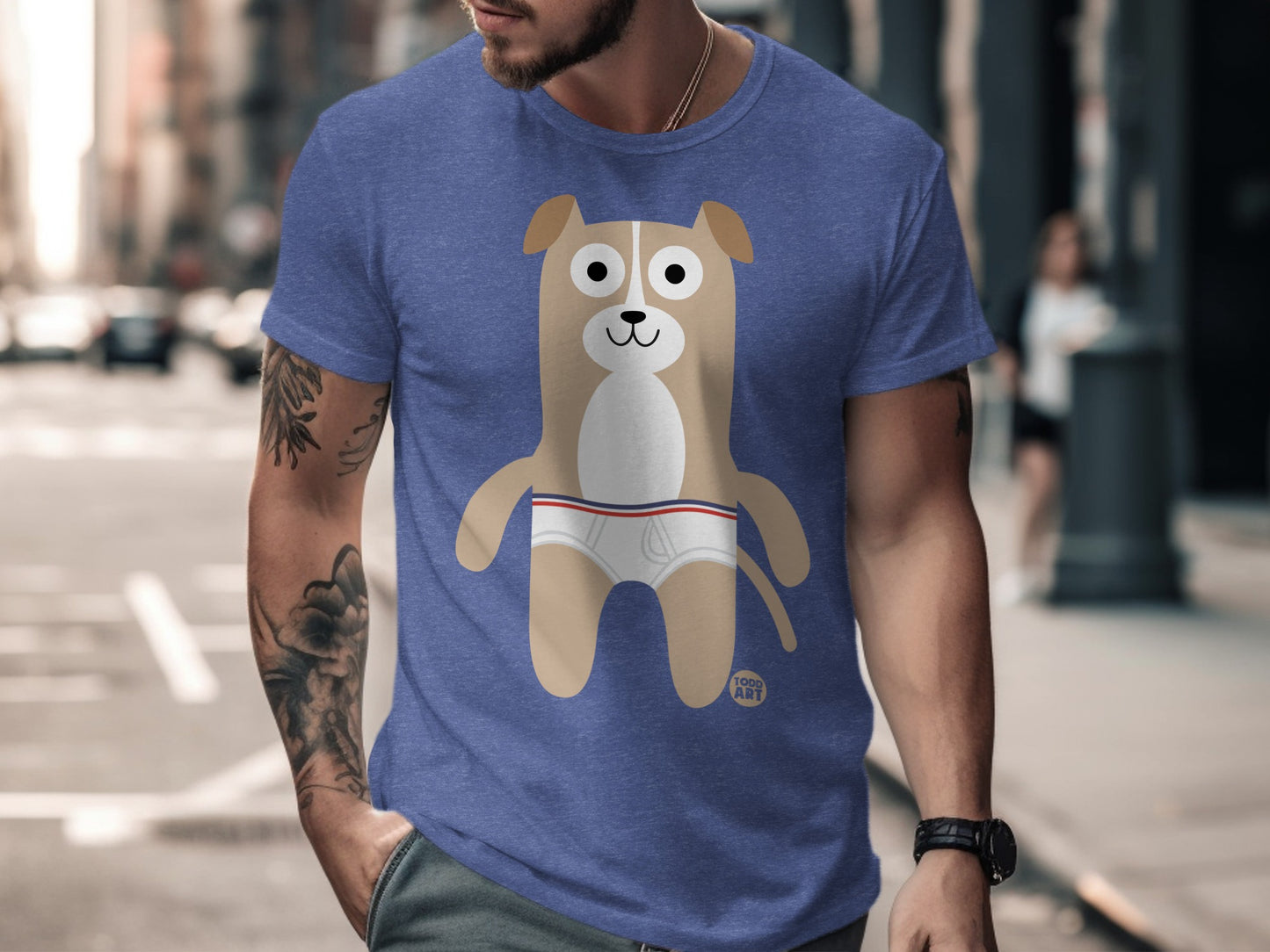 Cute Cartoon Dog Print Blue T-shirt for Men