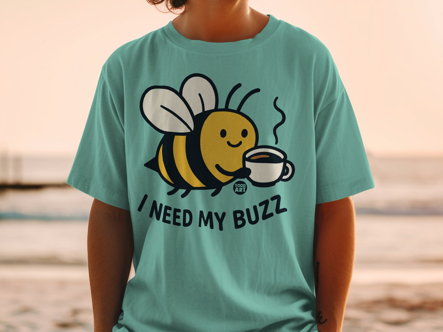 Cute Bee Drinking Coffee I Need My Buzz Graphic T-shirt