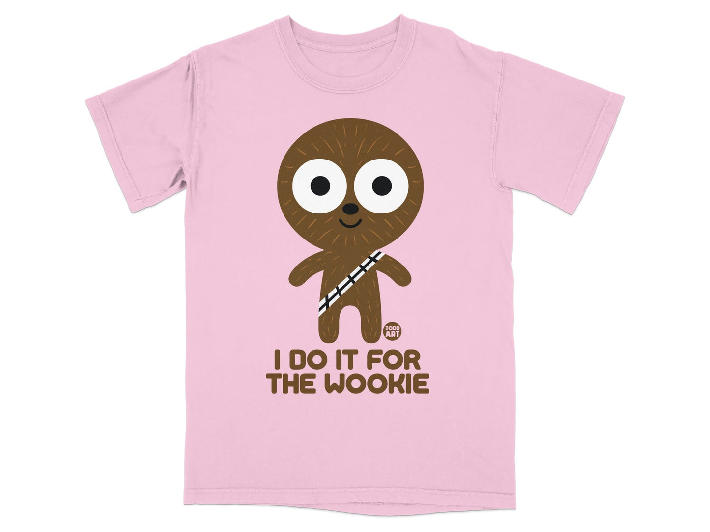 Pink t-shirt with a cartoon Wookiee and the text "I DO IT FOR THE WOOKIE".
