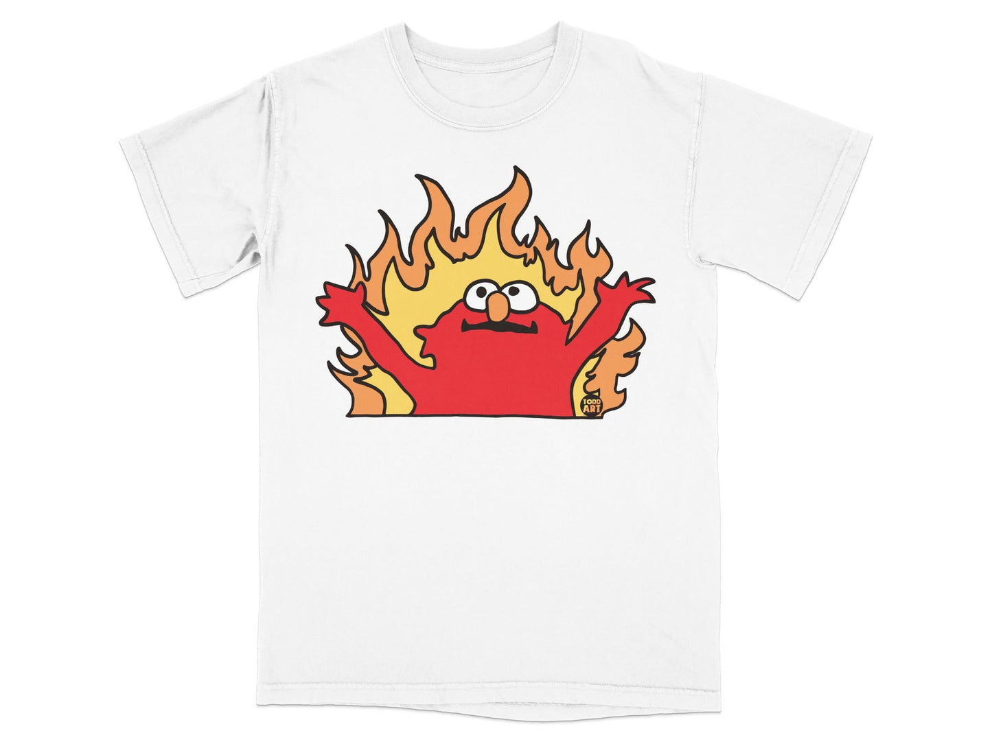 T-shirt graphic of Elmo on fire with arms raised.