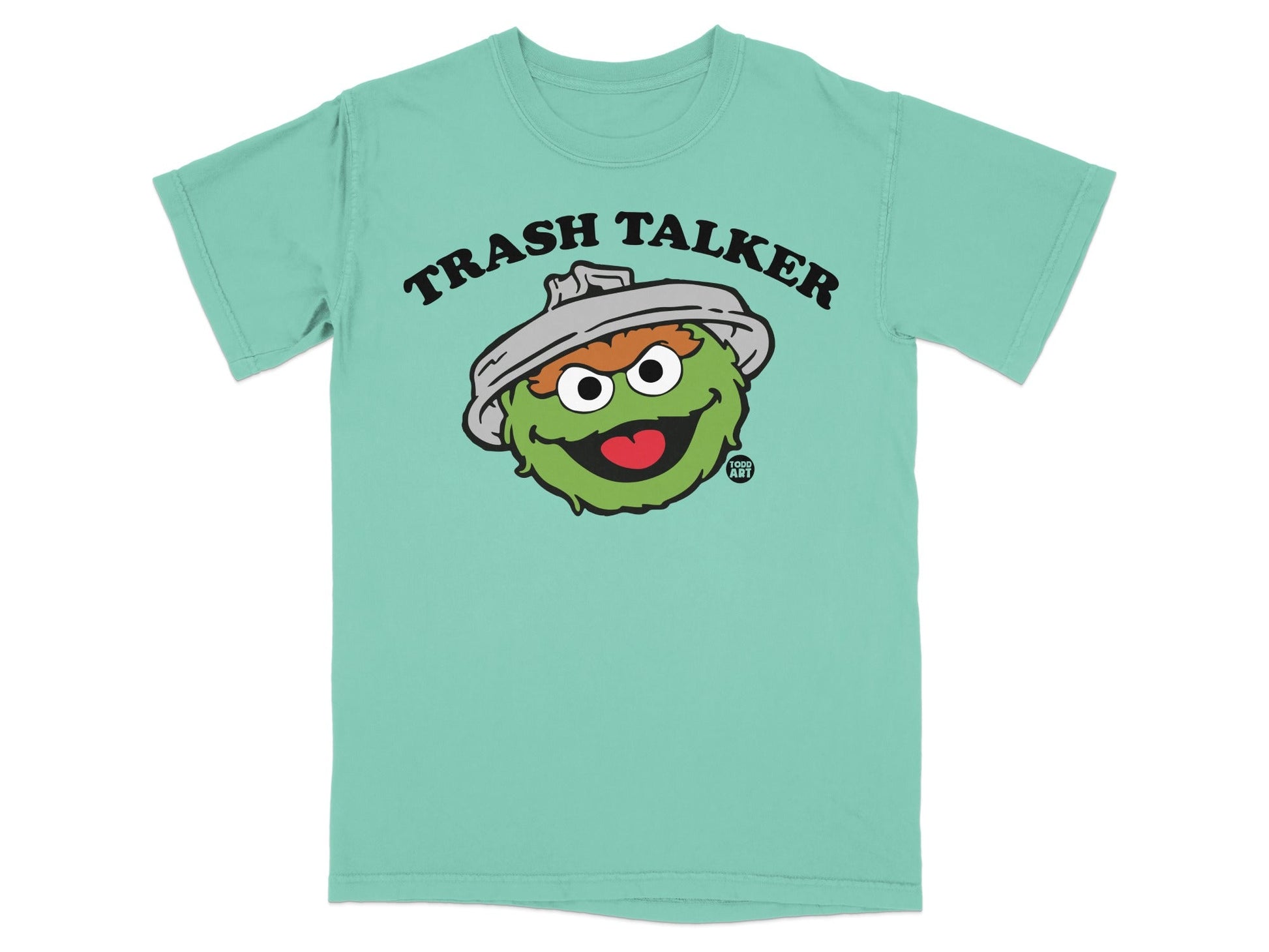 Green t-shirt with Oscar the Grouch from Sesame Street saying "Trash Talker".