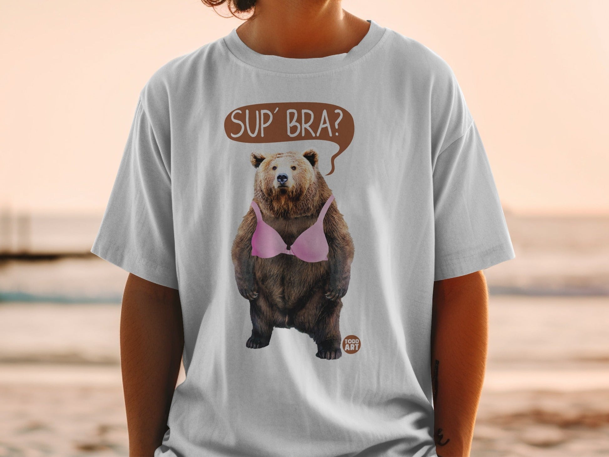 Funny Bear with Pink Bra Sup' Bra? Graphic Tee Shirt