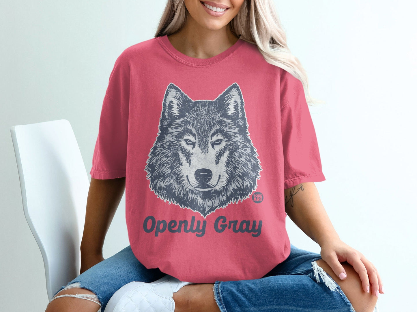 Wolf Design Openly Gray Pink Relaxed Fit T-Shirt