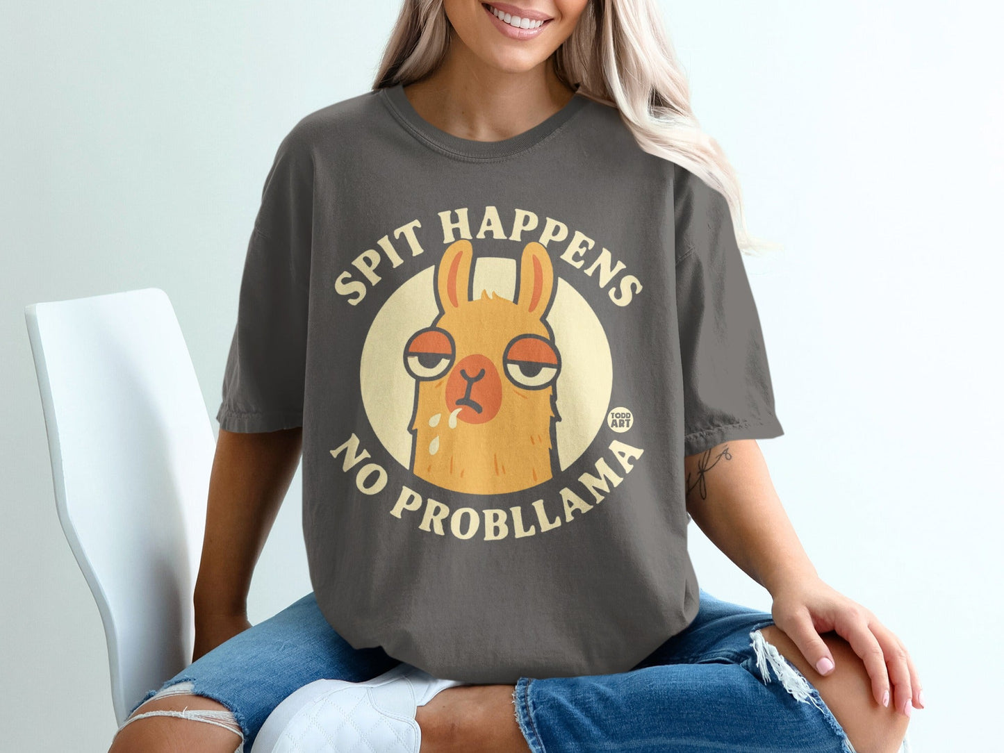 Spit Happens No Probllama Funny Llama Graphic Tee Shirt