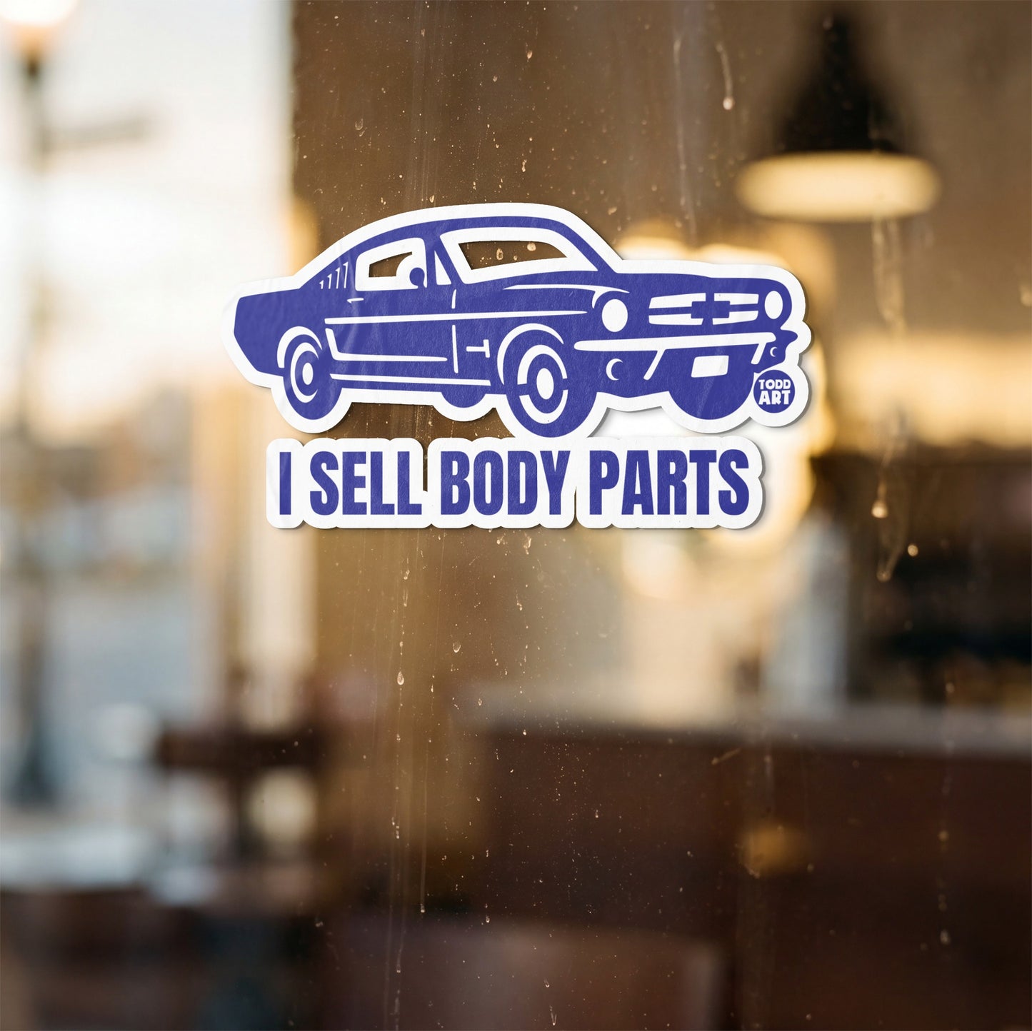 Blue graphic of a classic car with text "I SELL BODY PARTS".