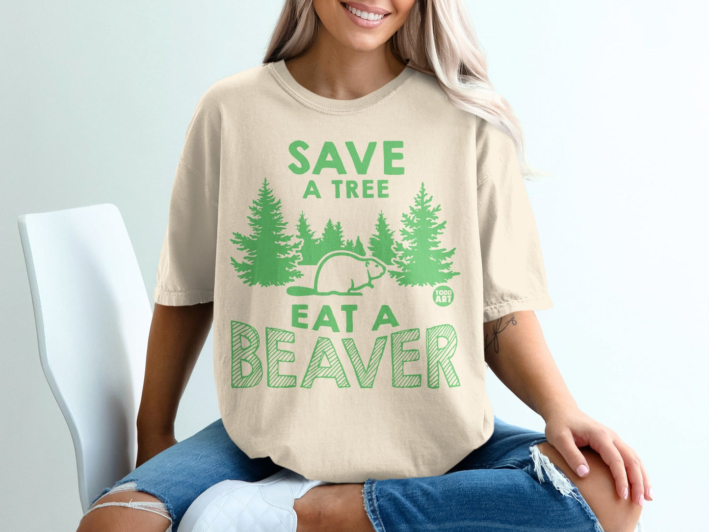 Save A Tree Eat A Beaver Novelty Graphic Tee Shirt