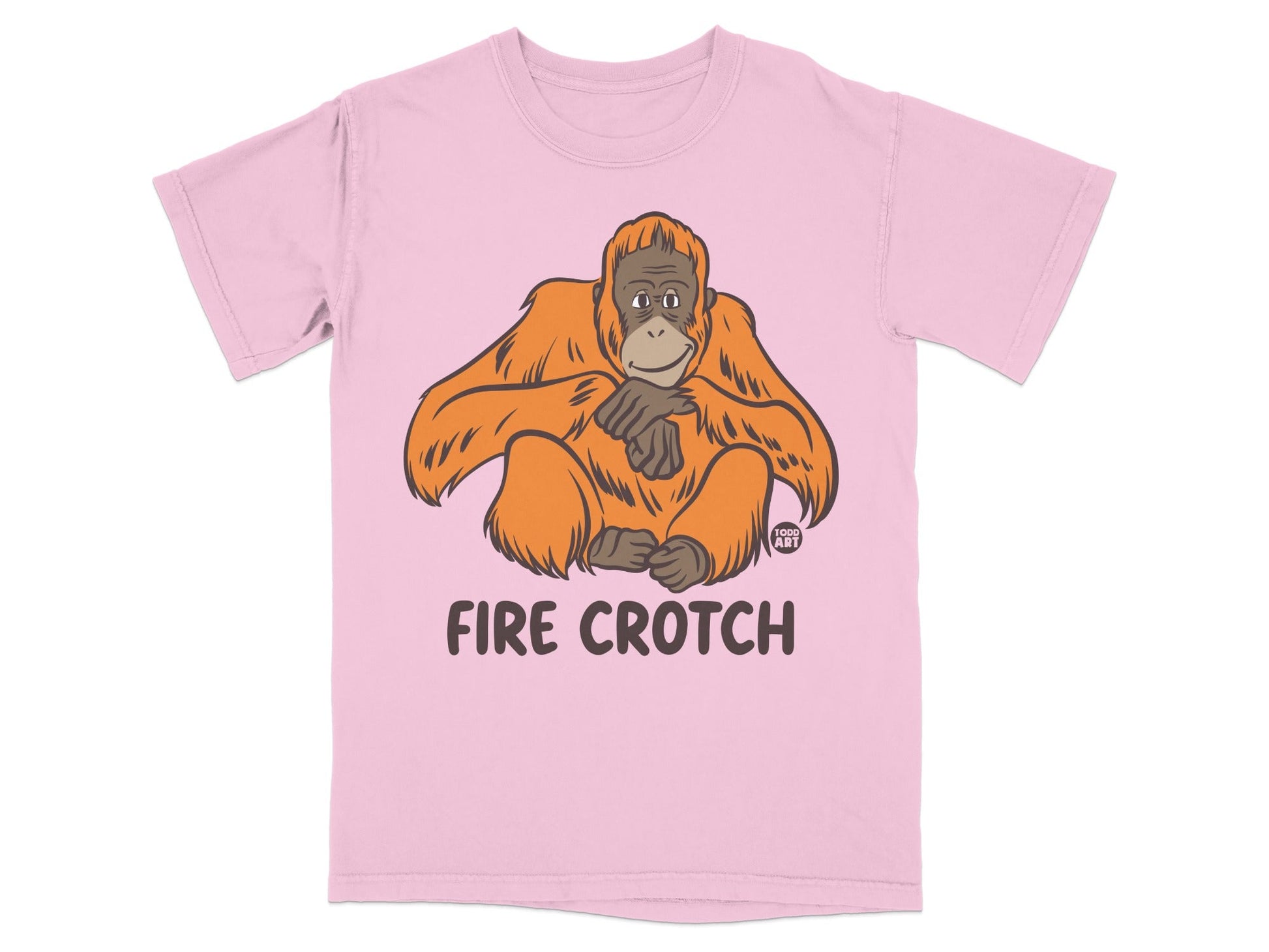 Pink t-shirt with "FIRE CROTCH" text and a cartoon orangutan.