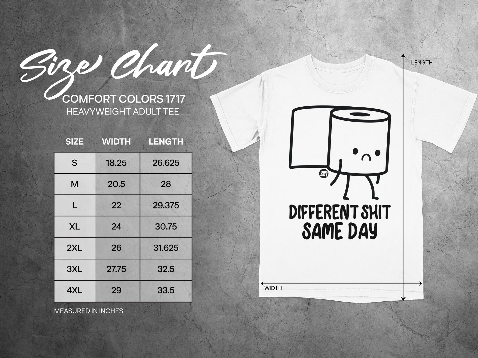 Size chart for Comfort Colors 1717 heavyweight adult tee with toilet paper graphic.