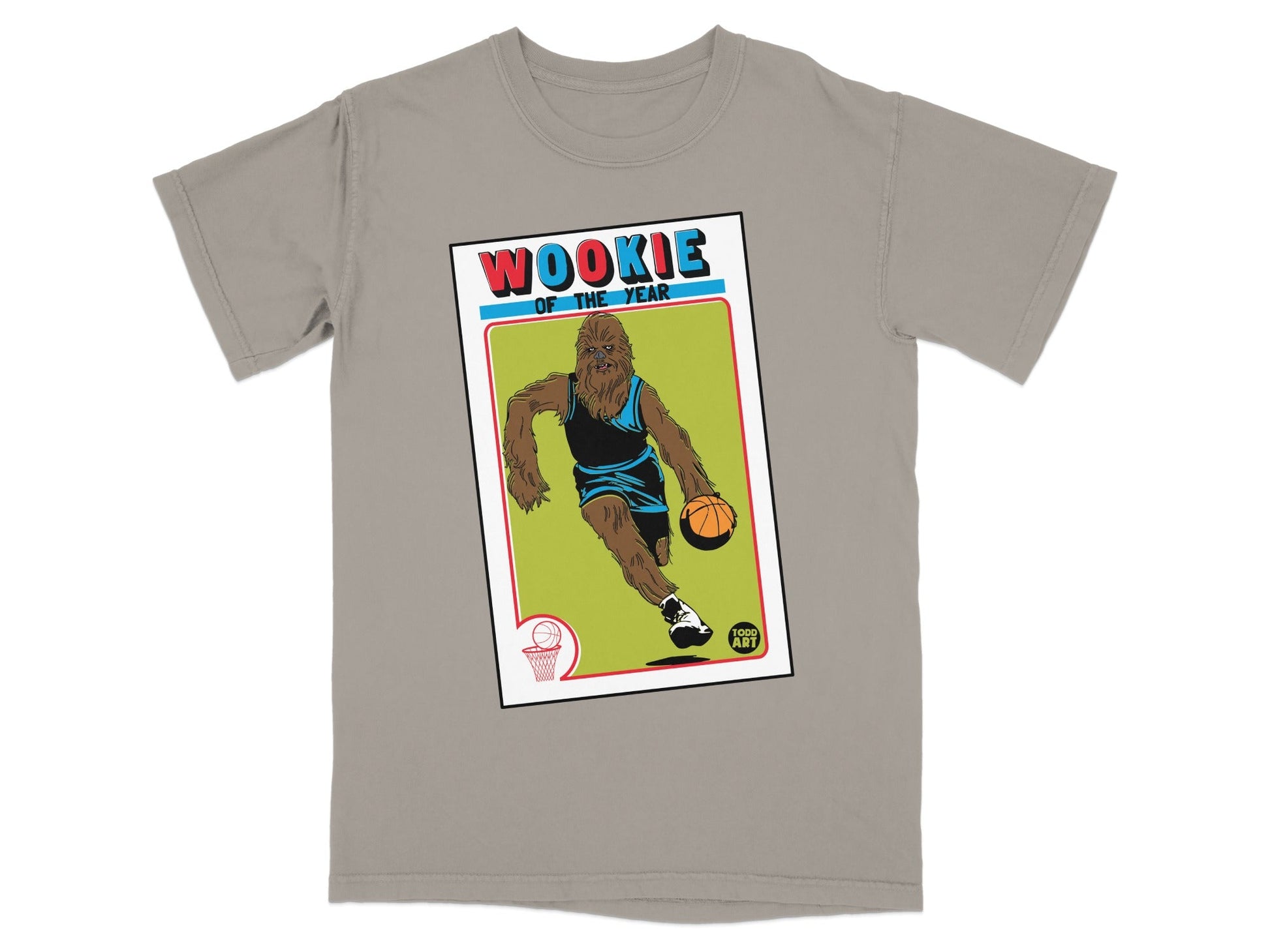 Chewbacca basketball card graphic on a grey t-shirt.