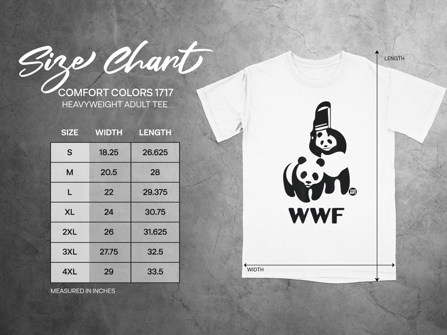 WWF t-shirt size chart with measurements for width and length.