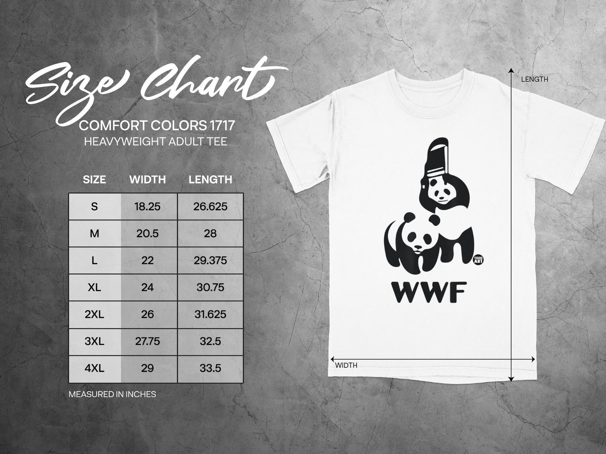 WWF t-shirt size chart with measurements for width and length.