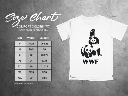 WWF t-shirt size chart with measurements for width and length.