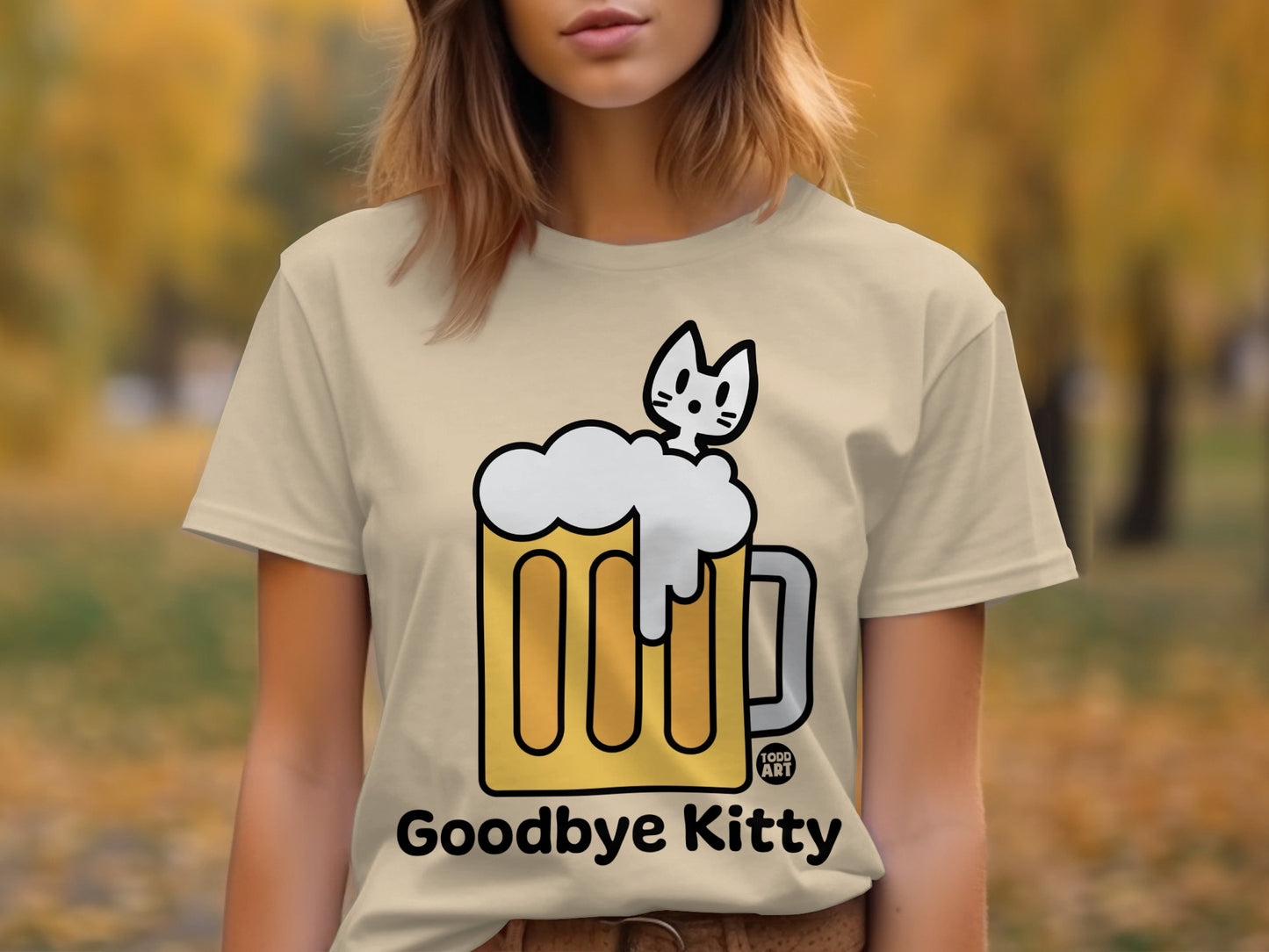 Cute Cat in Beer Goodbye Kitty Printed T-Shirt