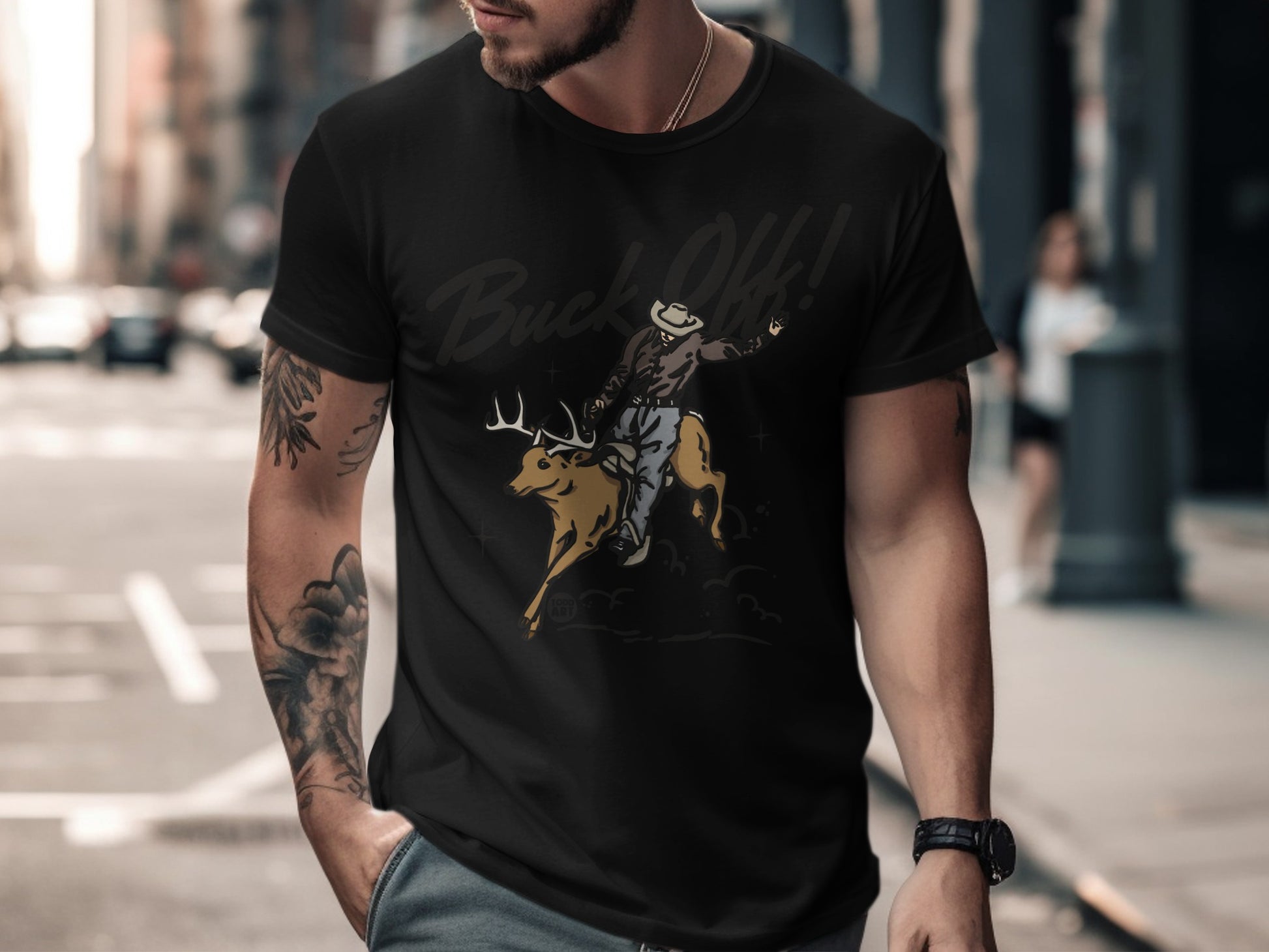 Cowboy Riding Deer Buck Off Graphic T-shirt Design