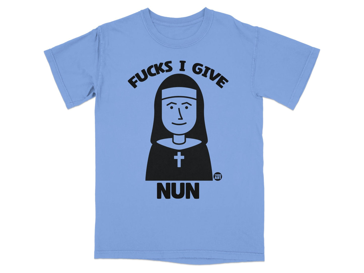 Light blue t-shirt with a cartoon nun graphic and "FUCKS I GIVE NUN" text.