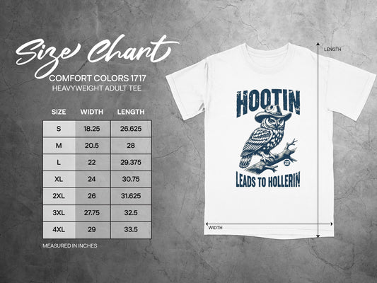 Comfort Colors 1717 heavyweight adult tee size chart with owl graphic.
