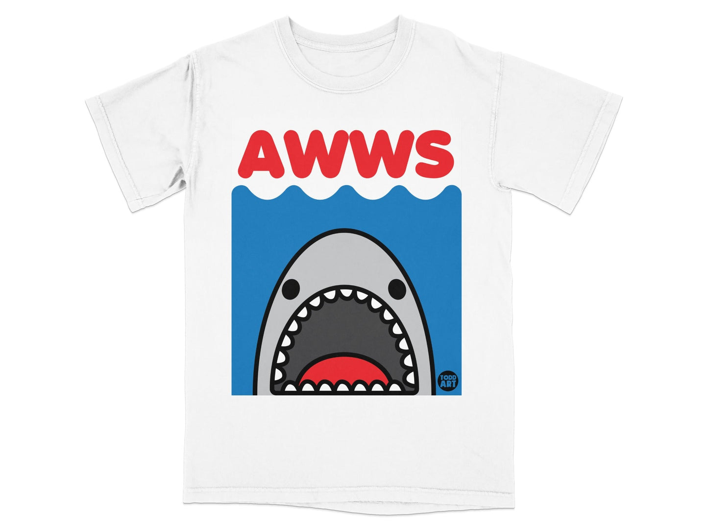 White t-shirt with a cartoon shark and "AWWS" text.