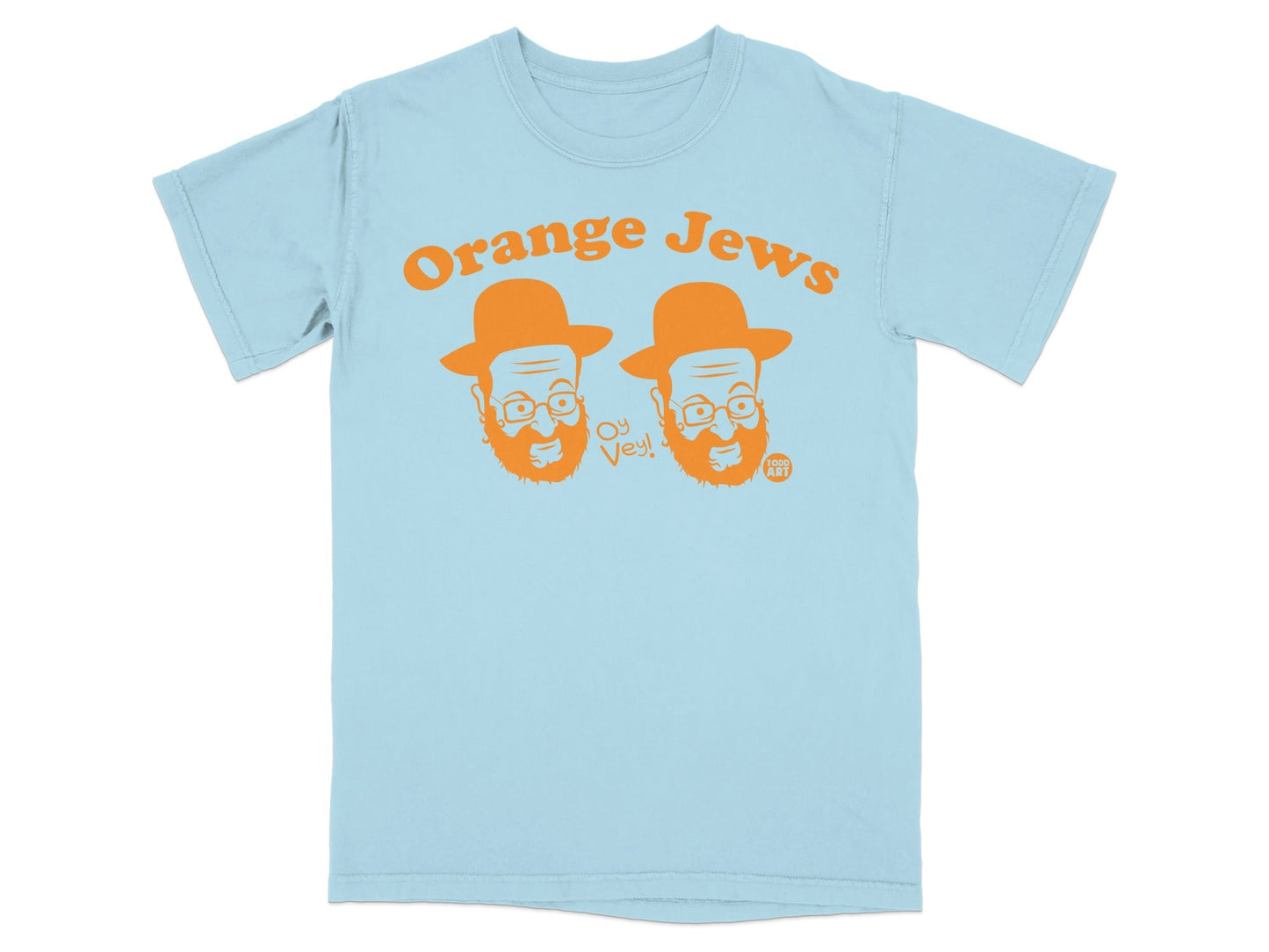 Light blue t-shirt with "Orange Jews" and two illustrated heads in orange hats.