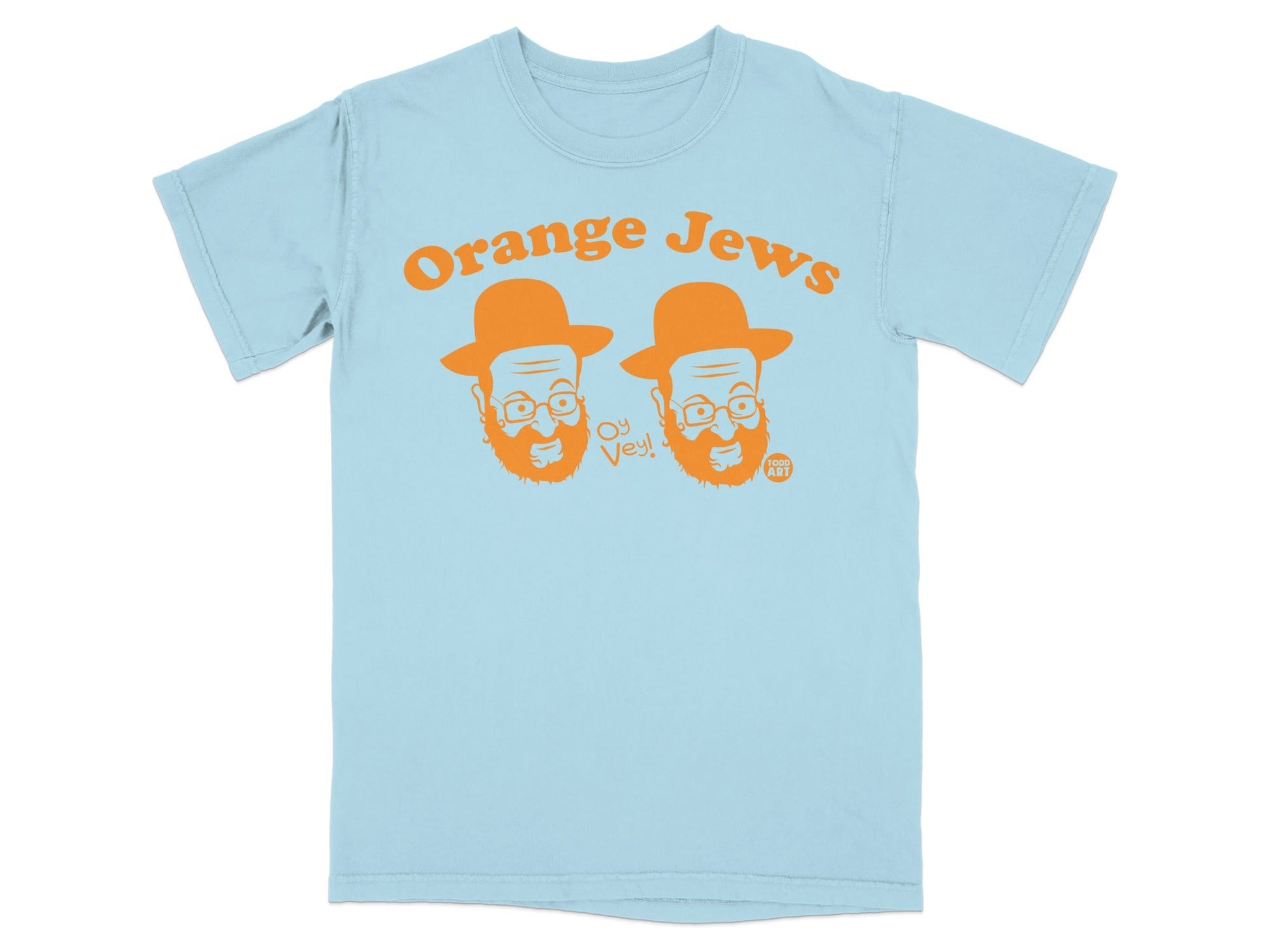 Light blue t-shirt with "Orange Jews" and two illustrated heads in orange hats.