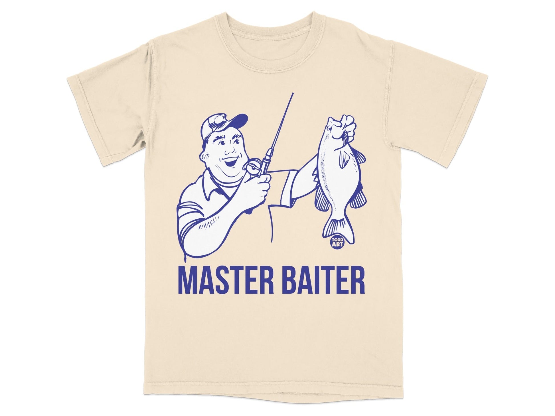T-shirt with cartoon fisherman holding a fish, text "MASTER BAITER".