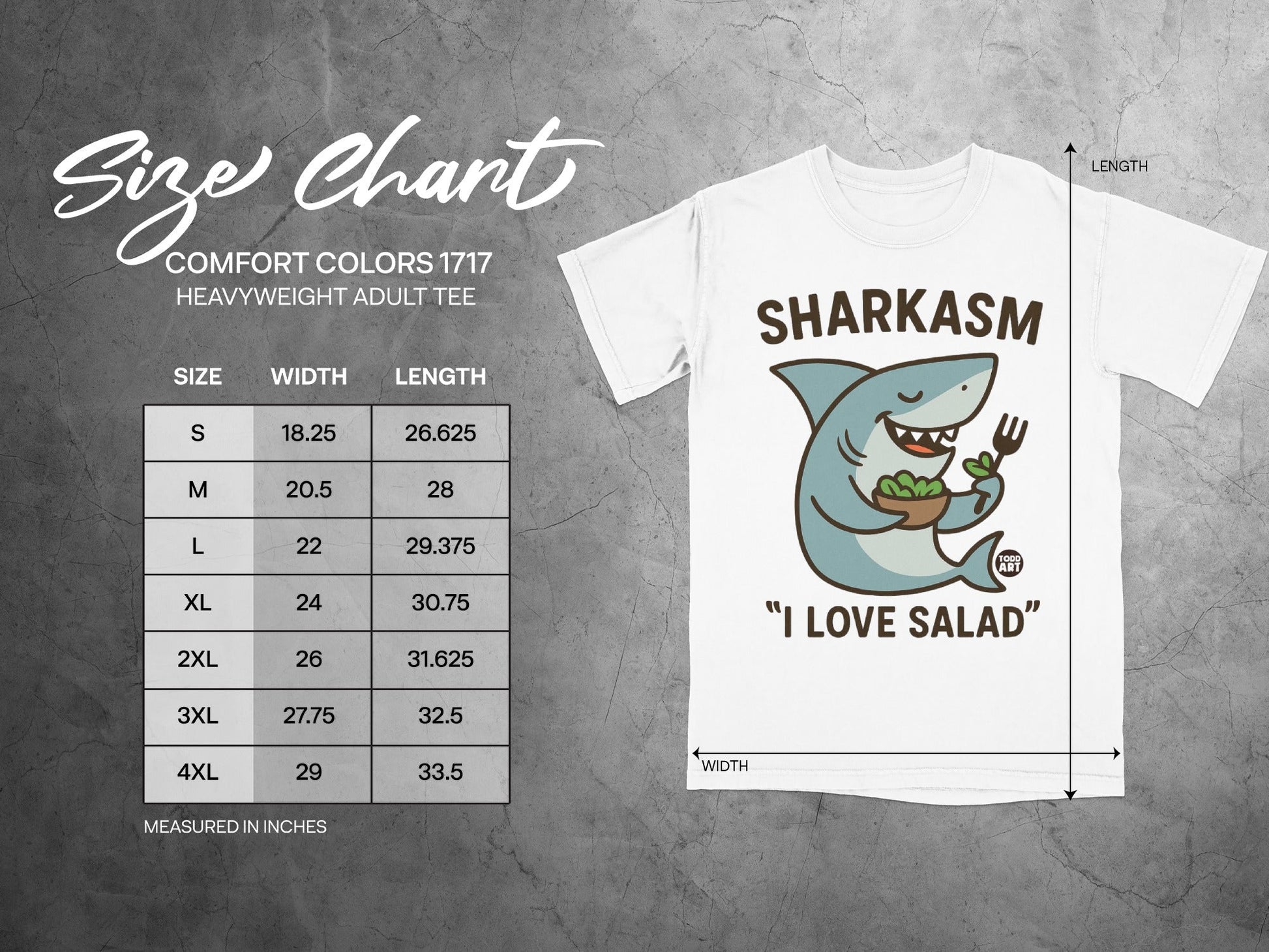 Size chart for a heavyweight adult tee featuring a shark with "I Love Salad."