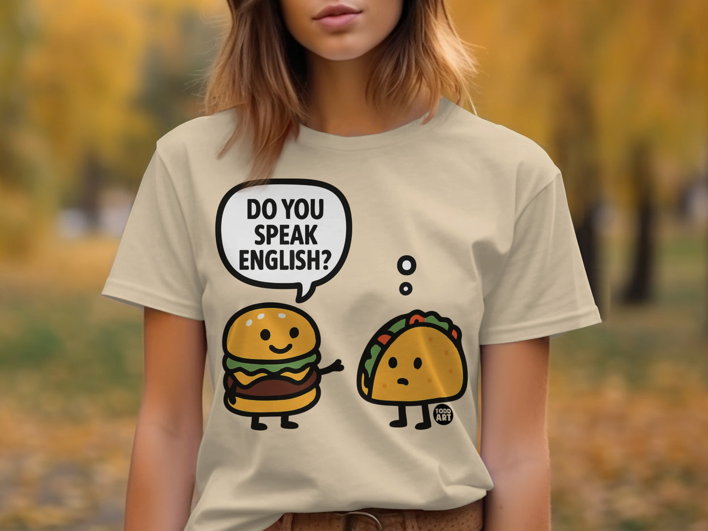 Do You Speak English Hamburger and Taco Cartoon Tee