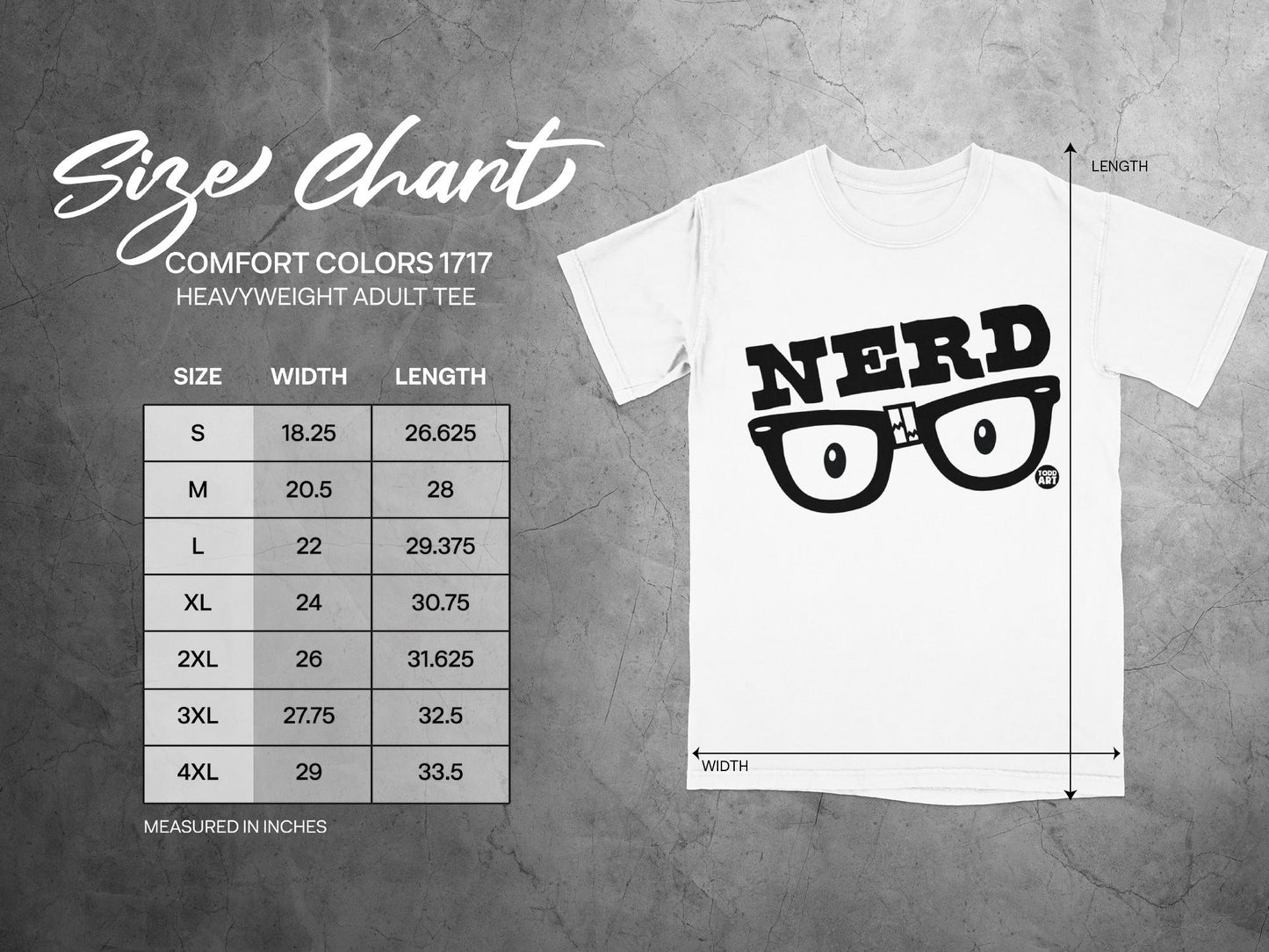Size chart for Comfort Colors 1717 heavyweight adult tee with WIDTH and LENGTH measurements.