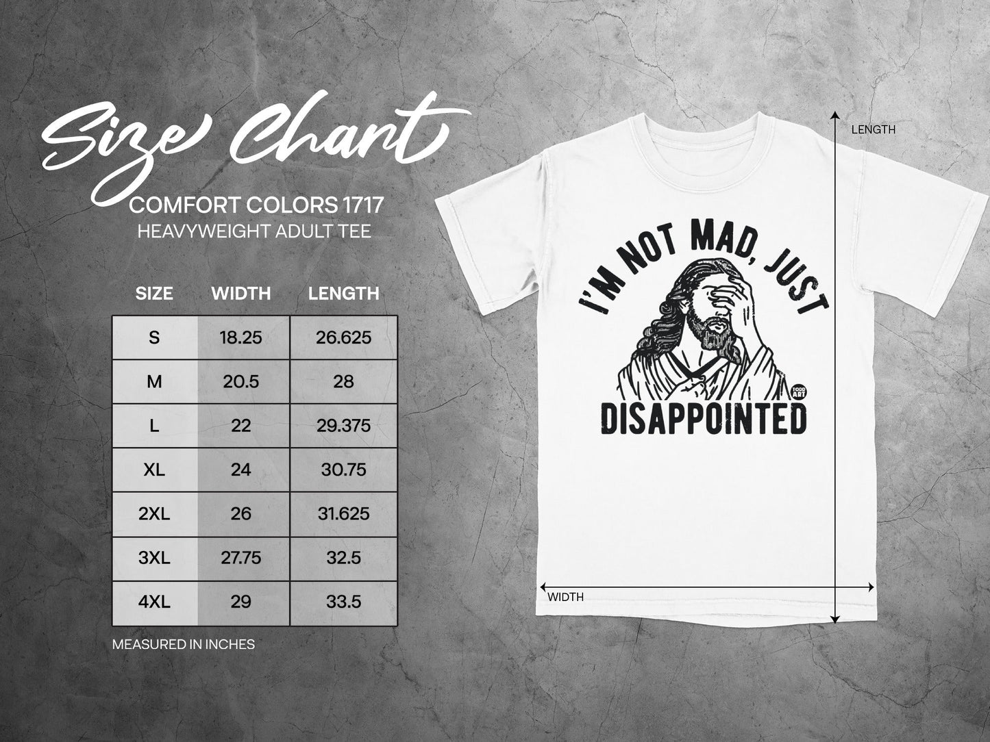 Size chart for Comfort Colors 1717 heavyweight adult tee, with size, width, and length measurements.