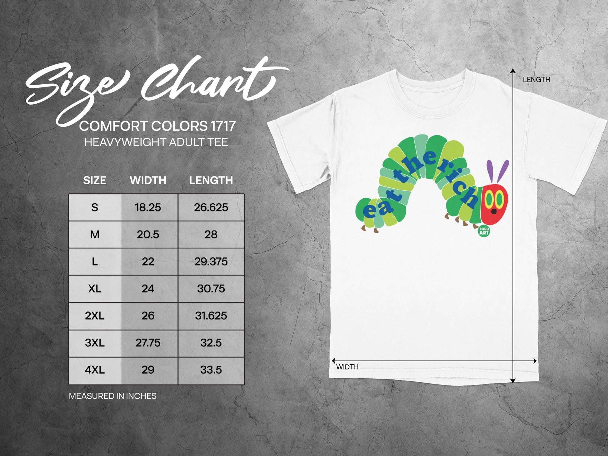 Comfort Colors 1717 heavyweight adult tee size chart showing measurements in inches.