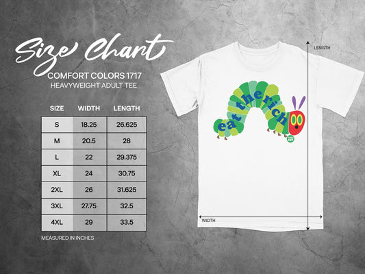 Comfort Colors 1717 heavyweight adult tee size chart showing measurements in inches.