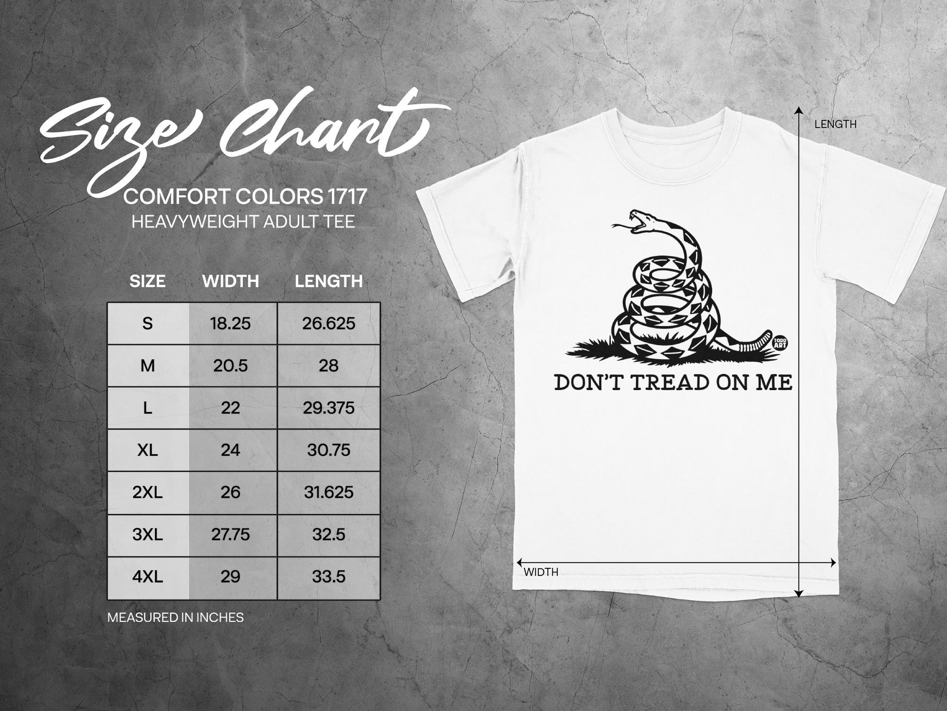 Comfort Colors 1717 size chart for heavyweight adult tee, with measurements.