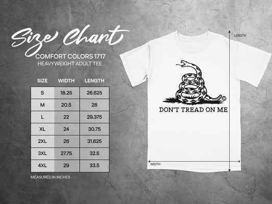 Comfort Colors 1717 size chart for heavyweight adult tee, with measurements.