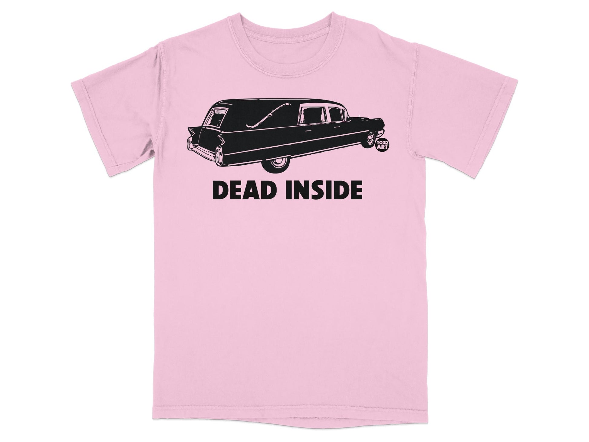 Pink t-shirt with a black hearse graphic and "DEAD INSIDE" text.