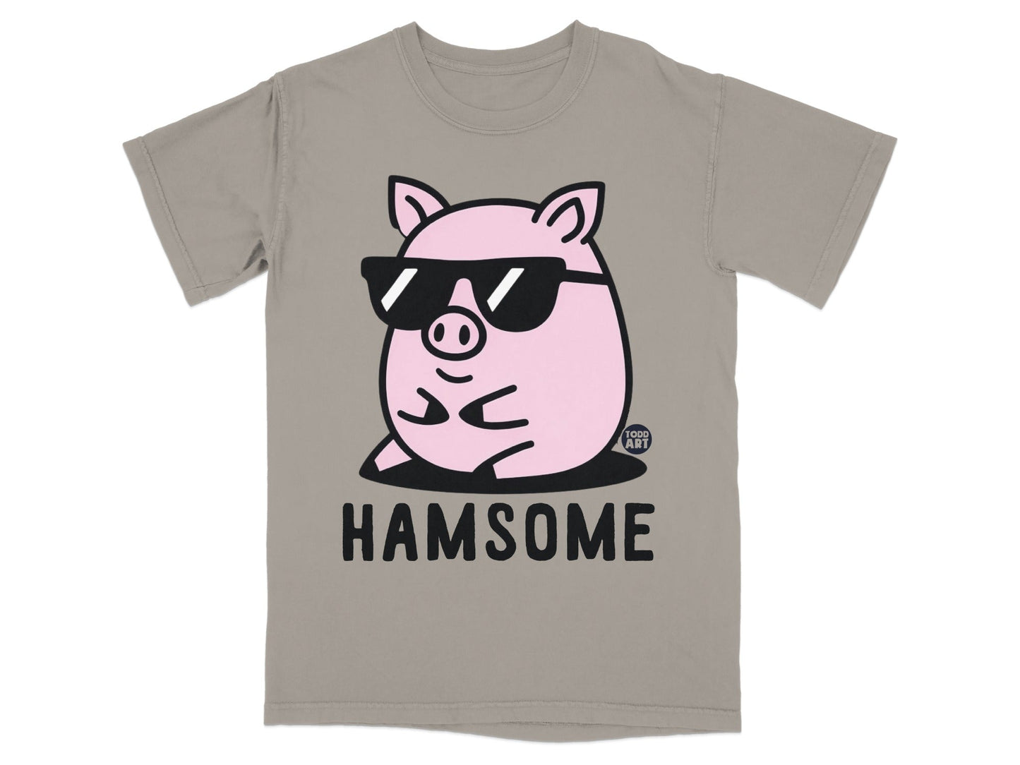 Pink cartoon pig wearing sunglasses, text "HAMSOME" and "TOOD ART" logo.