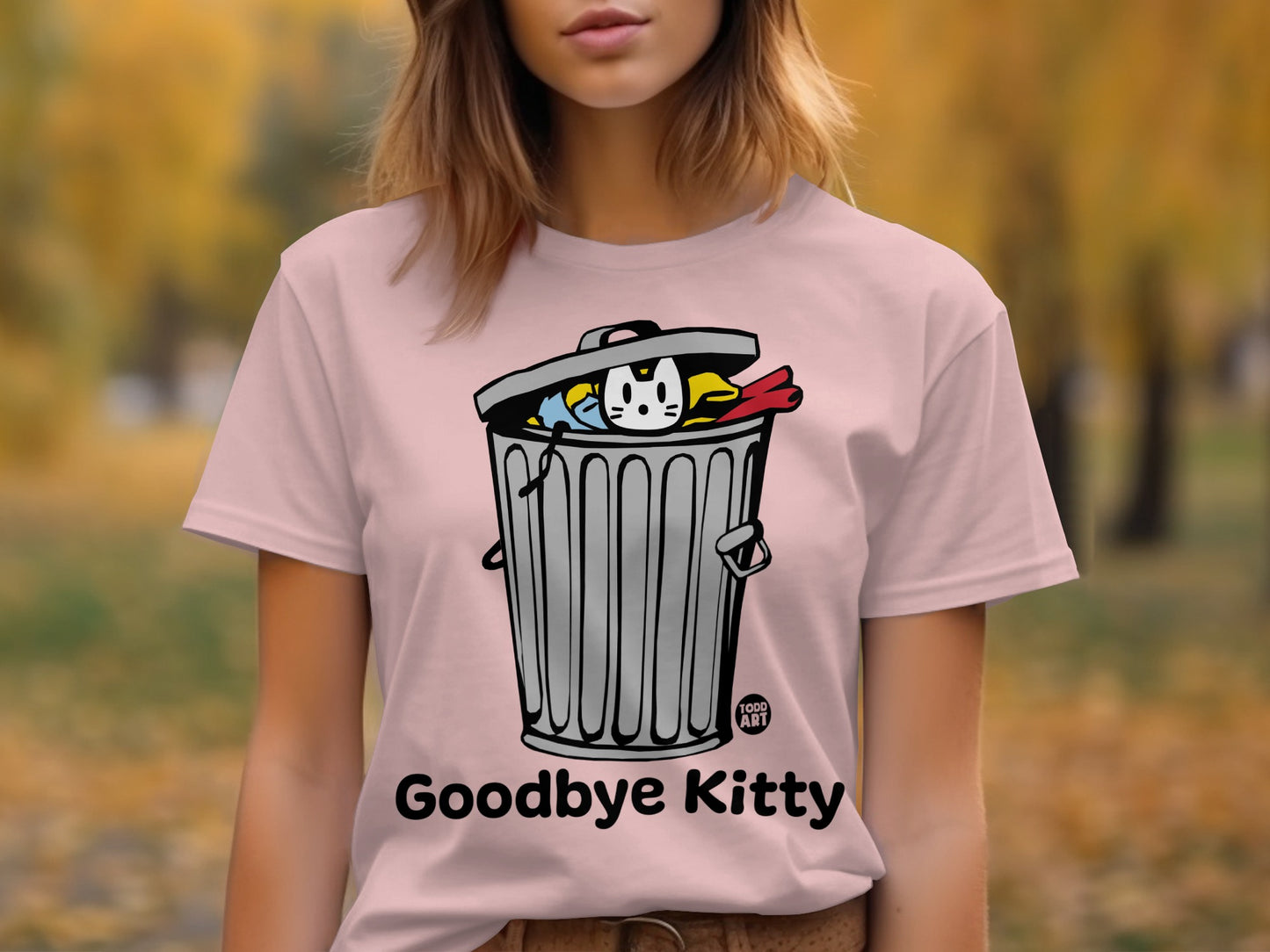 Playful Goodbye Kitty Trash Can Cartoon Design Shirt