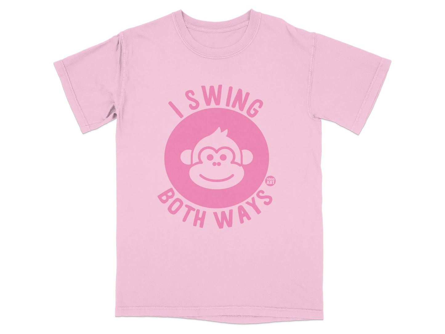 Pink t-shirt with "I Swing Both Ways" and a monkey graphic.