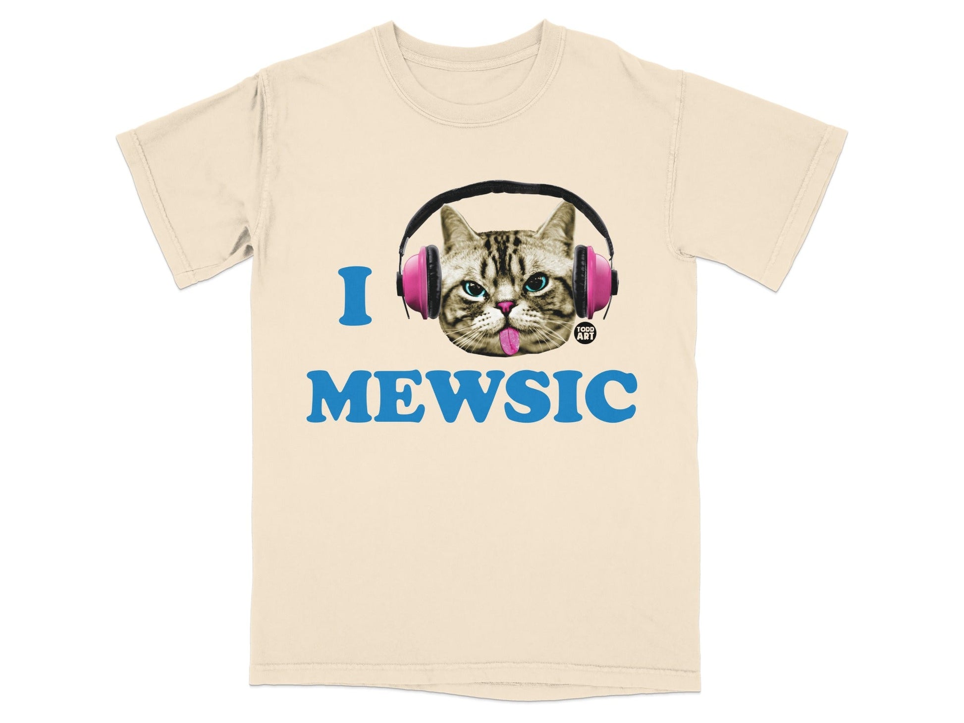 Cream t-shirt with "I MEOWSIC" text and cat wearing headphones.