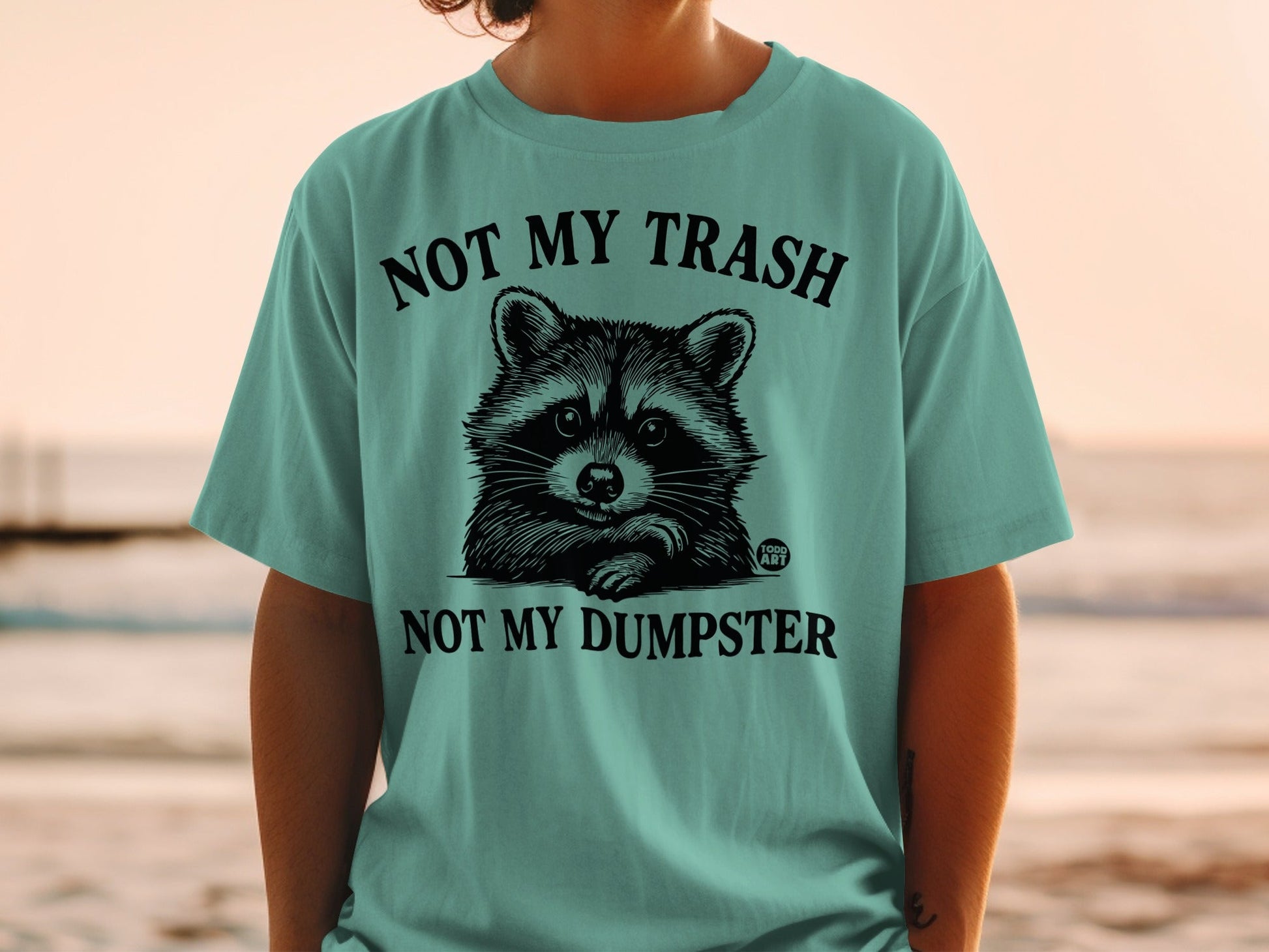T-shirt with raccoon graphic and text "NOT MY TRASH NOT MY DUMPSTER".