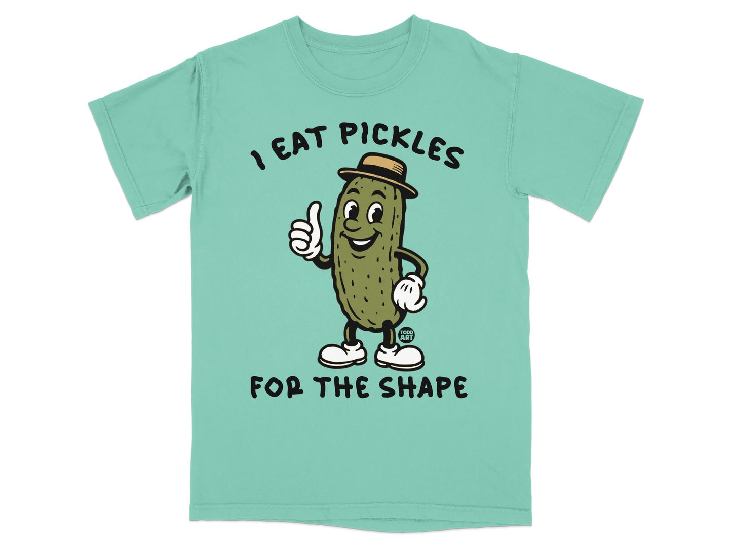 T-shirt with cartoon pickle giving a thumbs up and text "I EAT PICKLES FOR THE SHAPE."