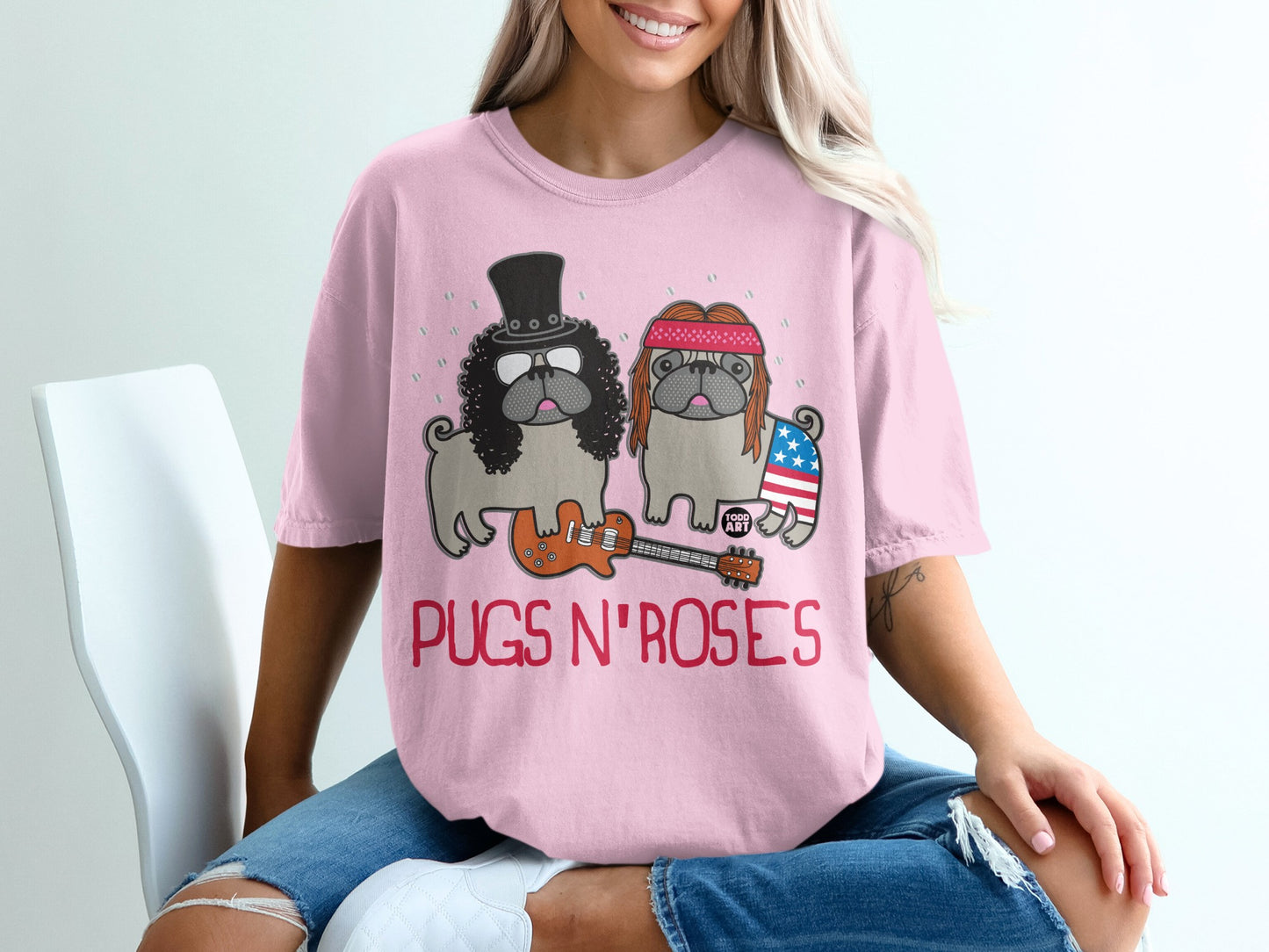 Pink Pugs N' Roses Graphic Tee Fun Dog Lovers Shirt